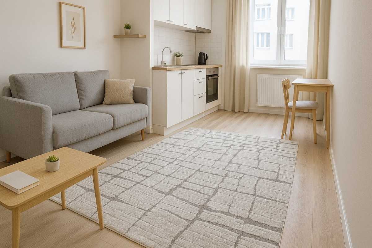 moderan mali stan sa svetlim drvenim podom, sivim kaučem i tepihom sa apstraktnim sivim šarama